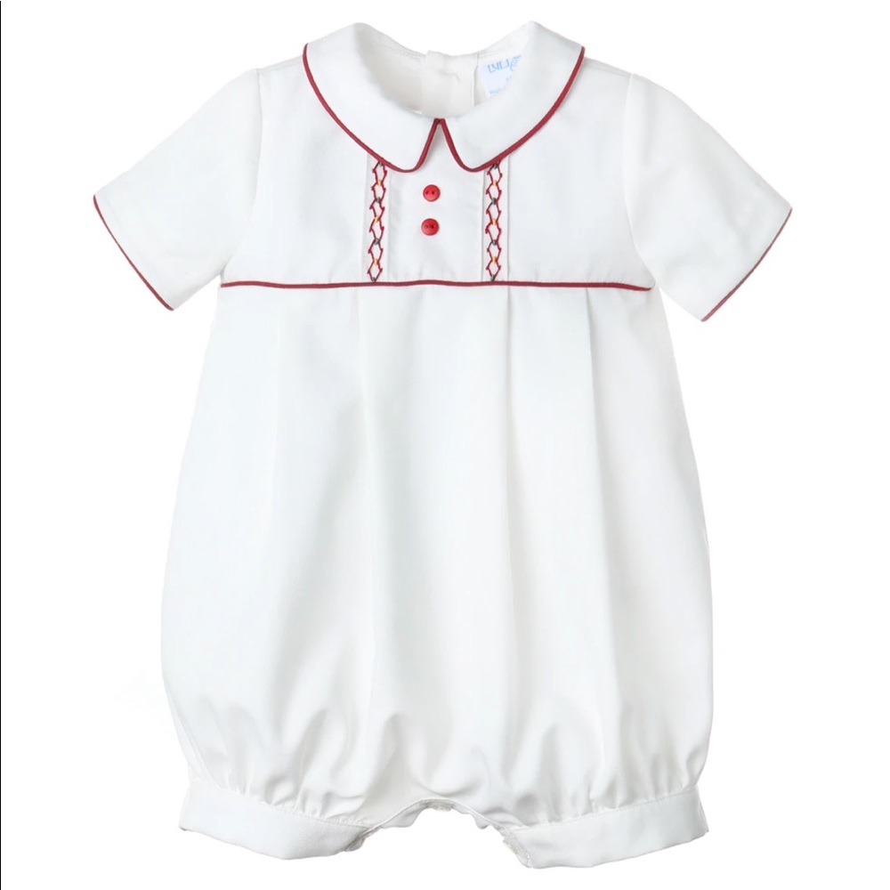 NWT. Luli & Me. Ivory Harvest Boy Bubble with Burgundy Trim. 12 Mos.